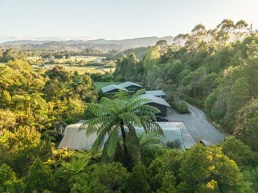 Aerial view of Goldfield Suites - fine adult-only accommodation close to Greymouth NZ